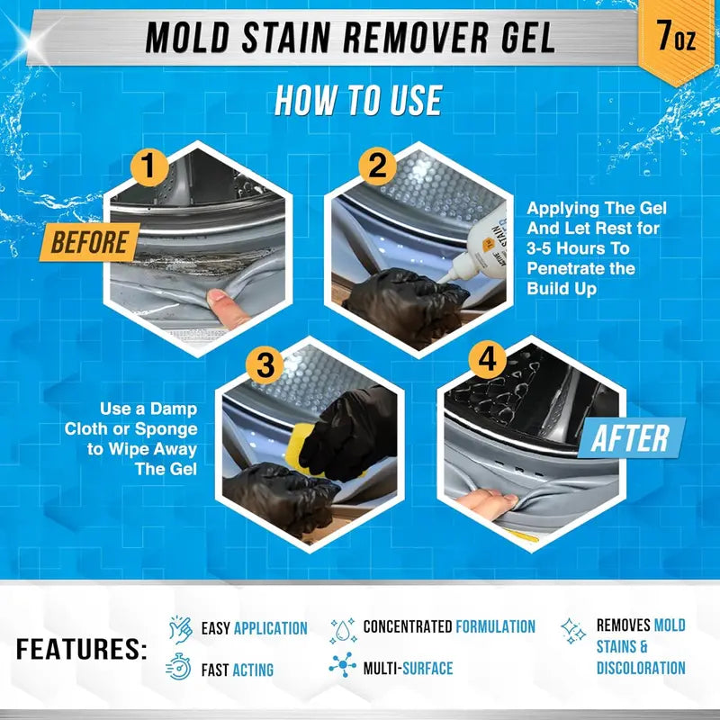 Mold Stain Remover Gel Cleaner Heavy Duty Stain Cleaner for Front Loader Washing Machine Seal, Bathroom Grout, Shower, Caulk - Front Load Washer Cleaning Solution