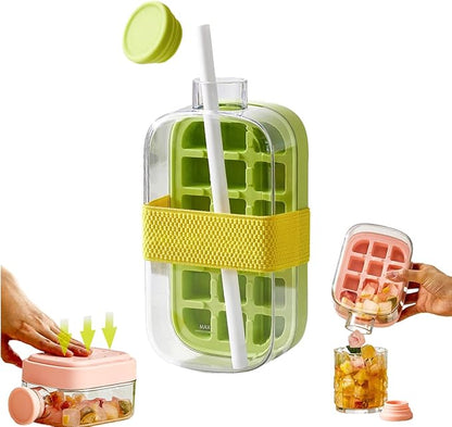 Ice Cube Bottle, 2in1 Touch Free Ice Cube Tray Water Bottle Come With Reusable Straw Tray Easy To Take Ice By Pressing Suitable For Coffee Juice Drinks