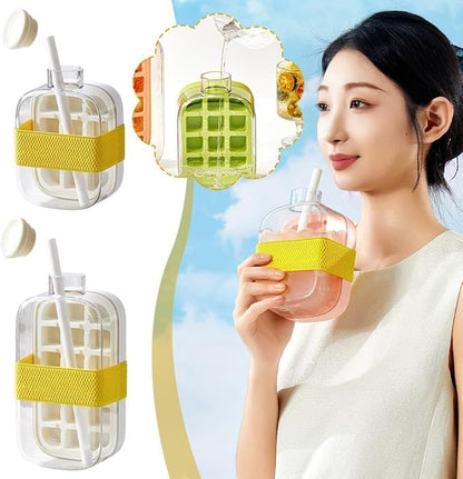Ice Cube Bottle, 2in1 Touch Free Ice Cube Tray Water Bottle Come With Reusable Straw Tray Easy To Take Ice By Pressing Suitable For Coffee Juice Drinks