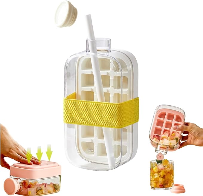 Ice Cube Bottle, 2in1 Touch Free Ice Cube Tray Water Bottle Come With Reusable Straw Tray Easy To Take Ice By Pressing Suitable For Coffee Juice Drinks