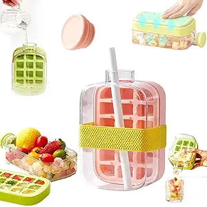 Ice Cube Bottle, 2in1 Touch Free Ice Cube Tray Water Bottle Come With Reusable Straw Tray Easy To Take Ice By Pressing Suitable For Coffee Juice Drinks