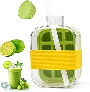 Ice Cube Bottle, 2in1 Touch Free Ice Cube Tray Water Bottle Come With Reusable Straw Tray Easy To Take Ice By Pressing Suitable For Coffee Juice Drinks
