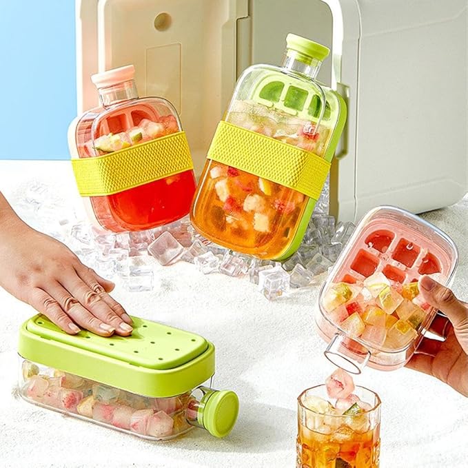 Ice Cube Bottle, 2in1 Touch Free Ice Cube Tray Water Bottle Come With Reusable Straw Tray Easy To Take Ice By Pressing Suitable For Coffee Juice Drinks